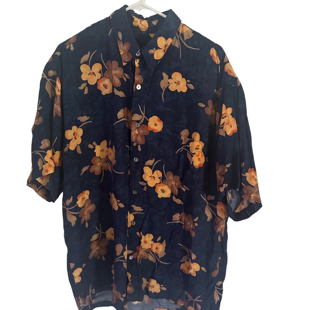 Coldwater Creek blue tan and yellow floral short sleeve shirt size L